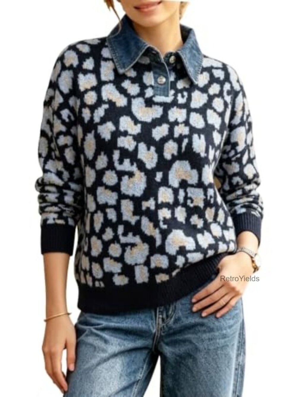 Wool Blend Leopard Print Polo Sweater Oversized Loose Fit Pullover